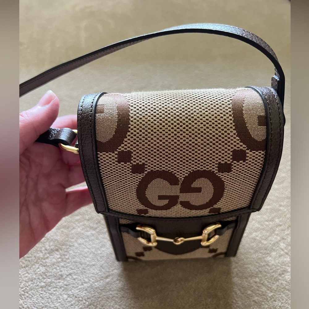 Gucci Jumbo GG Mini Messenger Phone Bag in Logo Canvas Camel Ebony - Picture 3 of 13